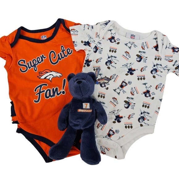 Twin Set Denver Broncos Baby 3/6M Bodysuits & John Elway Teddy Bear Set 3/6M - Picture 1 of 16